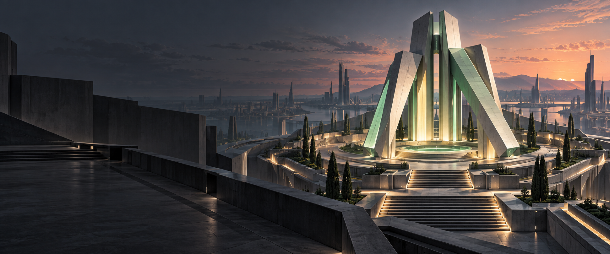 Concept artwork of an assembly forum with a sculptural pavilion and terraces at dusk